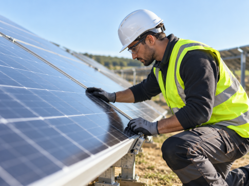Technicien photovolta&iuml;que inspectant les panneaux et la structure d'un syst&egrave;me de tracking solaire sur site.