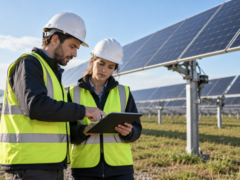 Professionnels &eacute;tudiant une installation de trackers solaires