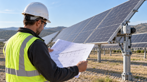 Ing&eacute;nieur consultant un plan technique sur une installation de trackers solaires