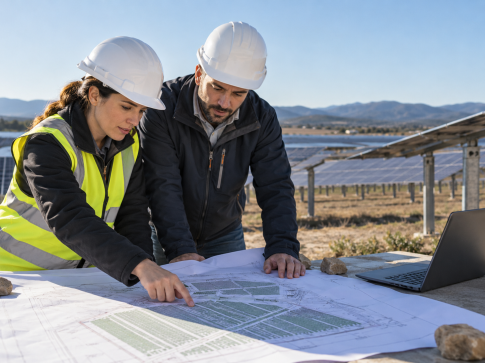 Ing&eacute;nieur comparant un plan de parcelle &agrave; une installation de trackers solaires